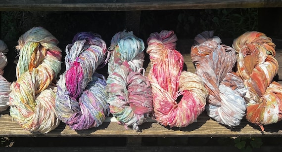Hand Dyed Recycled Sari Silk Ribbon: Multi-Color Fiber Art Yarn