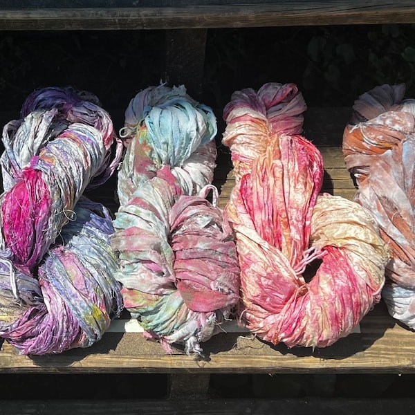 Hand Dyed Recycled Chiffon  Sari Silk Ribbon Multi Colors 40-50 yds 100 gr average Knit Crochet Weave Craft