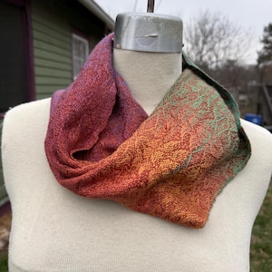 Handwoven Hand Dyed Cowl W Twist Tencel Cotton Rainbow Purple Green Dark Red Orange w Dark Copper Red Tencel Weft 4 image 1