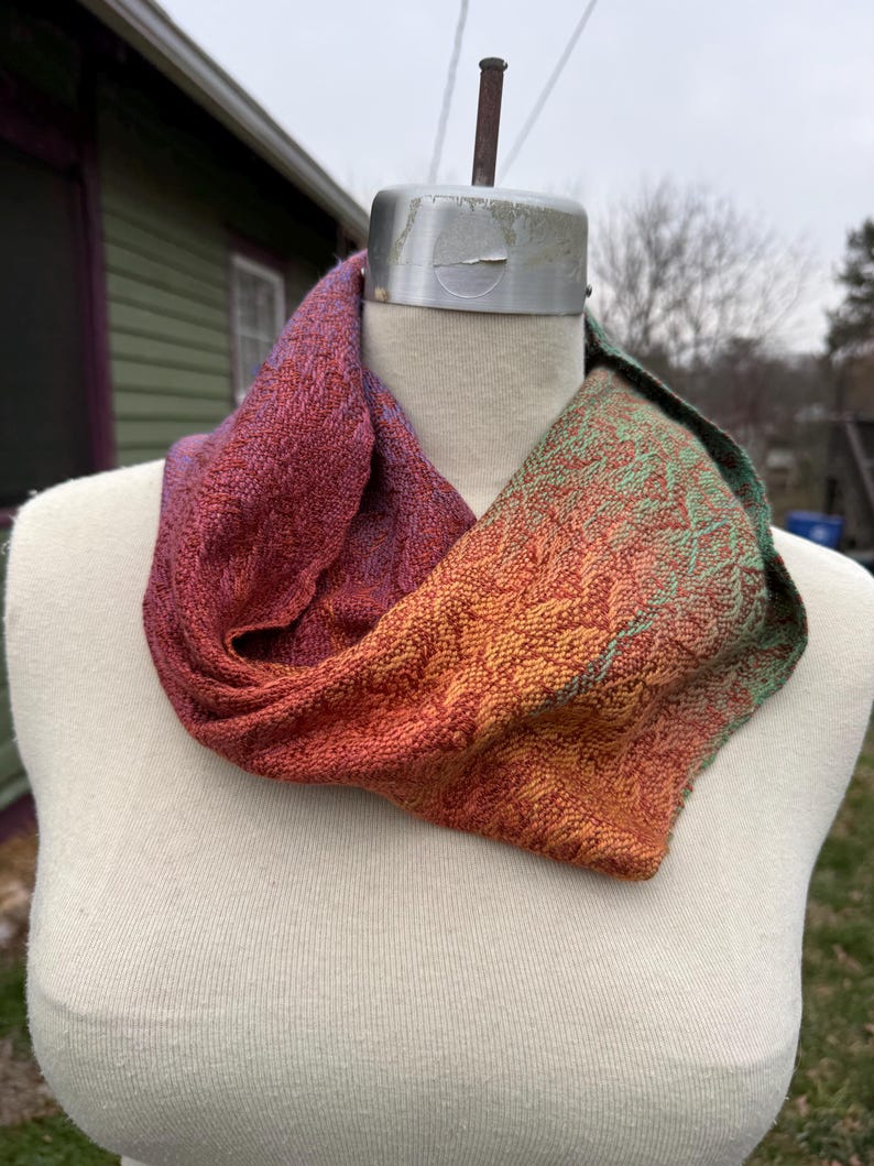 Handwoven Hand Dyed Cowl W Twist Tencel Cotton Rainbow Purple Green Dark Red Orange w Dark Copper Red Tencel Weft 4 image 1