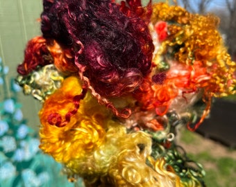 Wool Long Locks Curls Wensleydale Assorted Autumn Colors Deep Reds Golds Orange Greens Spinning Felting Fiber Arts