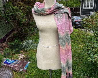 Handwoven Hand Dyed Seacell Cotton Scarf Spriny Pinks Green Ivory  w Natural Seacell Tencel Weft & Fringe