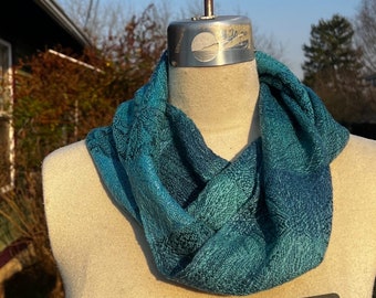 Handwoven Hand Dyed Blues and Greens  Cowl Tencel Cotton with Hand Dyed Tencel Stripes of Blue Weft