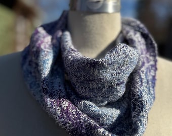 Handwoven Hand Dyed Cowl W Twist Tencel Cotton Purple Dark Blue w Soft Sparkle Silk Stellina Weft