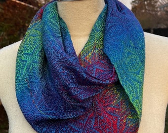 Handwoven Hand Dyed Cowl Tencel Rainbows with Cornflower Blue Tencel Weft 2