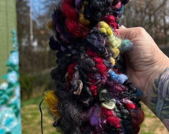 Hand Spun Hand Dyed  Mixed Fiber Locks Art Yarn or Art Scarf 324d