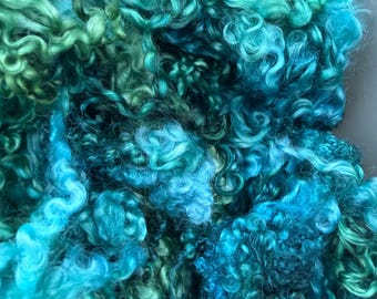 Hand Dyed Wool Locks Curls Teeswater Assorted Blues Greens Spinning Felting Fiber Arts