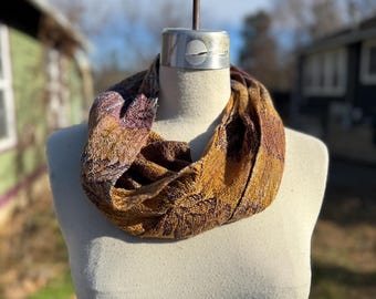 Handwoven Hand Dyed Cowl W Twist Tencel Cotton Wine Bronze Gold w Hand Dyed Striped Weft 2