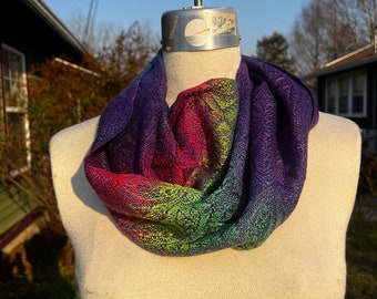 Handwoven Hand Dyed Cowl Tencel Rainbows with Dark Purple Tencel Weft