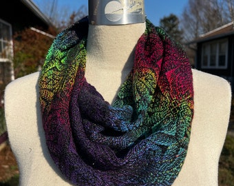 Handwoven Hand Dyed Rainbow Cowl Tencel With Black Silk Stellina Weft 1