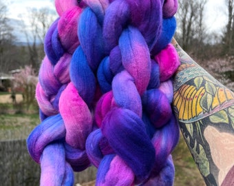 Hand Dyed Soft Rambouillet 21.5 Micron Roving Top Wool Comb Top Fuschia Blue Purple Colors 4 plus ounces Spinning Felting