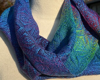 Handwoven Hand Dyed Cowl Tencel Rainbows with Cornflower Blue Tencel Weft 1