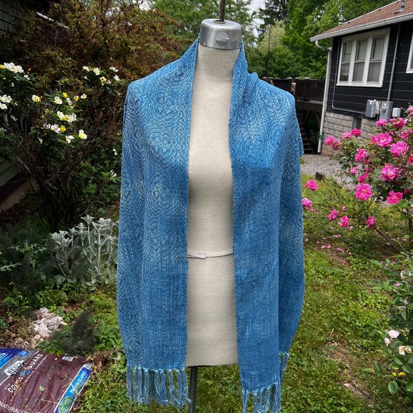 Handwoven Hand Dyed Seacell Cotton Scarf Shawl Natural Indigo Dyed w Natural Indigo Dyed Tencel Weft & Fringe