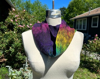 Handwoven Hand Dyed Tencel Scarf Vibrant Rainbow w Black Weft