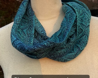 Handwoven Hand Dyed Blues and Greens  Cowl Tencel Cotton with Hand Dyed Tencel Medium Dark Blue Weft 2