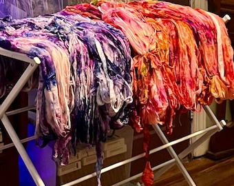 40-50 yds Hand Dyed Recycled Sari Silk Ribbon Yarn 100 gr average
