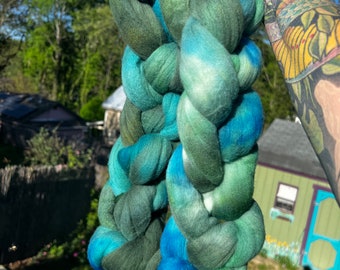 Hand Dyed Soft Rambouillet 21.5 Micron Roving Top Wool Comb Top Blues Greens 4 plus ounces Spinning Felting