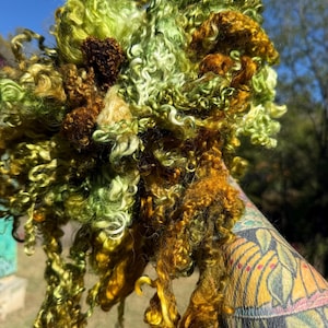 May include: A bundle of raw, curly animal fiber in shades of lime green, olive green, and deep golden brown. The locks are long, textured, and spiraled, showcasing a natural luster and a mix of earthy tones throughout the dense, fluffy mass.