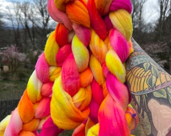 Hand Dyed Soft Rambouillet 21.5 Micron Roving Top Wool Comb Top Fuschia Pink Yellow Orange Sunset Colors 4 plus ounces Spinning Felting