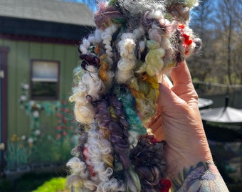 Hand Spun Hand Dyed  Mixed Fiber Locks Art Yarn or Art Scarf 324a