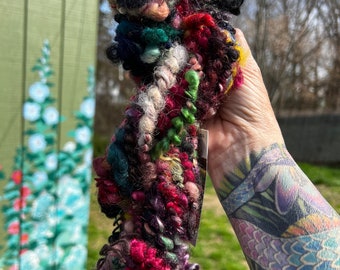 Hand Spun Hand Dyed  Mixed Fiber Locks Art Yarn or Art Scarf 324b