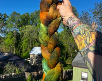 Hand Dyed Soft Rambouillet 21.5 Greens Gold Brown Micron Roving Top Wool Comb Top 3.6 ounces Spinning Felting