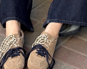 Handmade suede sneakers with thin flexible soles and double laces for women, stylish flat sneaker shoes, retro sneakers with color laces