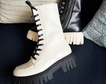 Adele - Kampfstiefel aus echtem Leder, Military Style Schuhe, Pelz gefütterte Schnürstiefel frostsicher, weiße Stiefel, schwarze Stiefel
