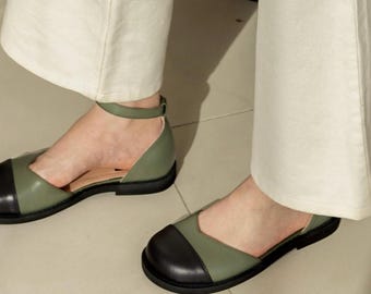 Women’s Barefoot Shoes, Wide Toe Flat Sandals, Green Leather Barefoot Shoes, Handmade Mary Jane Shoes, Custom Color Shoes, Summer Flat Shoes