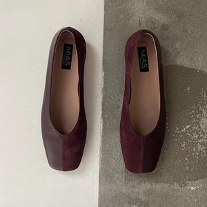 Women&#39;s Ballet Flat Shoes, Soft Leather Ballerina Shoes, Burgundy Suede Shoes, Slip on Flats, Square Toe Flat Shoes, Leopard Print Shoes