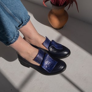 Classic leather loafer shoes women, dress shoes, flat slip on shoes, navy blue loafers, casual flats, unique custom made shoes women