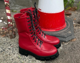 Red leather combat boots for women, handmade high boots, military boots, chunky platform boots, goth boots, black leather shoes