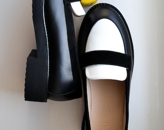 Women’s black and white leather shoes, custom loafer shoes, wide round toe loafers, vintage loafers, handmade leather shoes