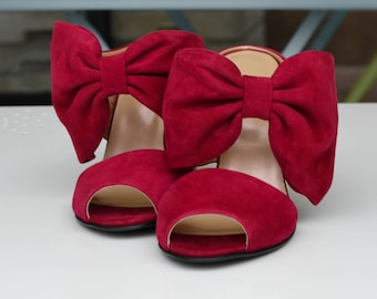 Women&#39;s High Heel Sandals, Soft Leather Heeled Mules, Red Suede Slippers, Summer Party Shoes, Custom Color Shoes, Unique Designer Footwear