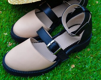 Women's leather shoes, ankle strap summer shoes, closed toe sandals, beige leather flats, wide fit shoes, custom shoes, round toe shoes