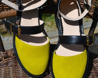 Women's Leather and Suede Ankle Strap Sandals, Color Block Summer Low Heels, Closed Toe Shoes, Casual Beach Sandals, Everyday Green Shoes