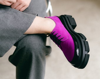 Women’s Leather Platform Shoes, Handmade Oxford Shoes, Color Block Suede Shoes, Office Shoes, Black and Pink Tie Shoe, Custom Wide Shoes