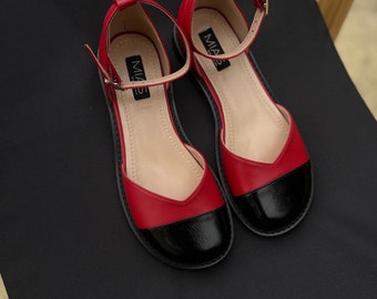 Women’s barefoot sandals, barefoot flat shoes, Mary Jane summer shoes, red leather flats, custom barefoot shoes, closed toe shoes