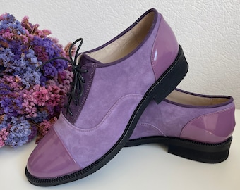 Sola - Women's Handmade Oxford Shoe, Suede, Patent Leather Shoes, Leather Dress Shoe, Tie Shoe, Purple Casual Shoe, Free Customization