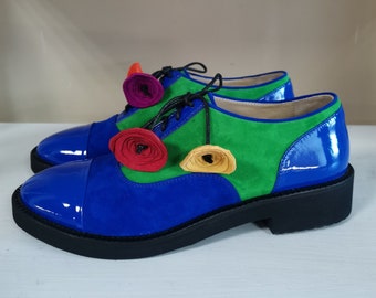 Sapatos Oxford Femininos, Sapatos de Couro Envernizado Azul, Sapatos de Camurça Verde, Sapatos de Amarrar, Sapatos Casuais, Sapatos Brogue Formais, Sapatos Brilhantes Feitos à Mão