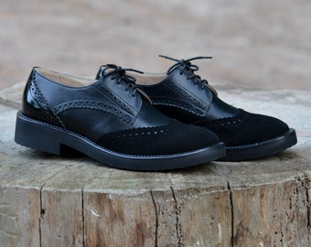 Black Leather Brogue Oxford Shoes, Wide Fit, Handmade Dress Shoes for Women, Office Tie Shoes, Custom Made Classic Oxfords