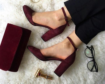 Kylie - Women's Handmade High Heel Burgundy Suede Shoes, Wedding Shoes, Closed Toe Pumps, Black Shoes, Bridal Shoe, Free Customization