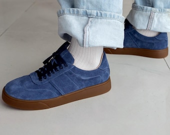 Miękkie zamszowe buty sportowe, niebieskie skórzane buty damskie, ręcznie robione buty sportowe w stylu retro, codzienne buty do chodzenia, buty na szeroką stopę
