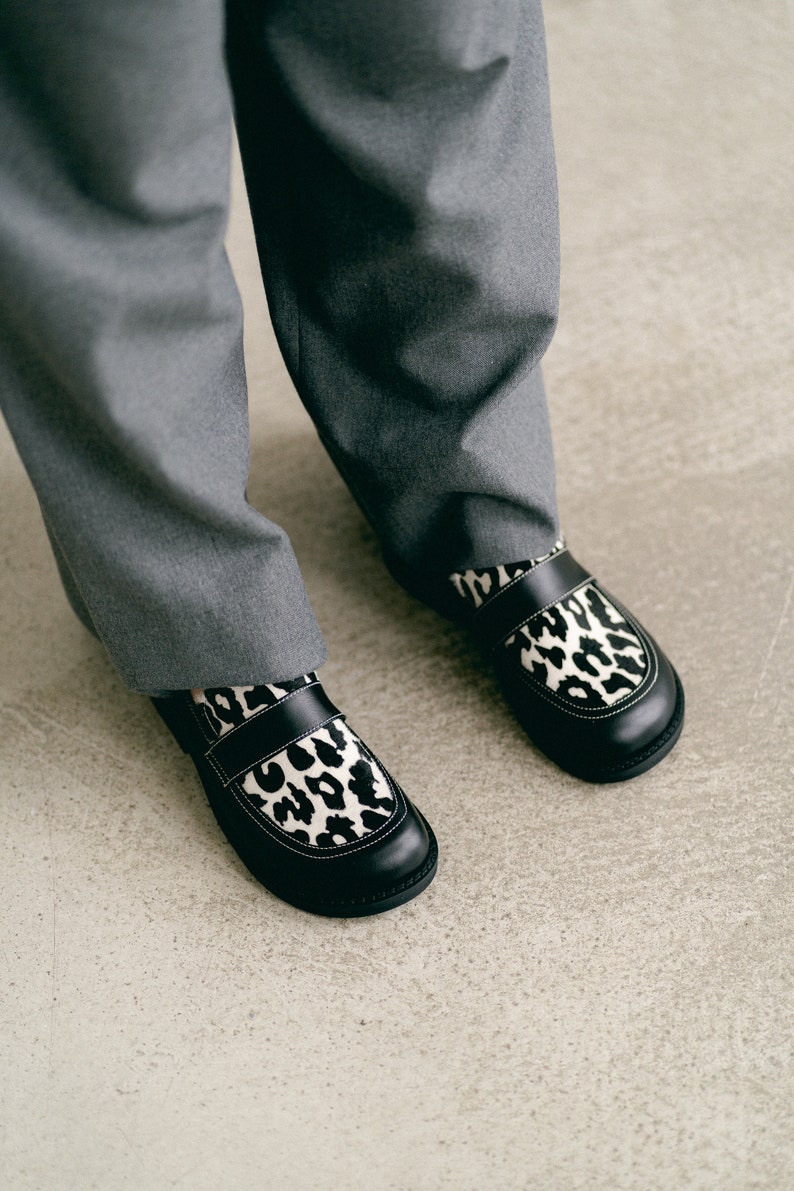 Womens barefoot loafer shoes, calfskin fur loafers, wide fit shoes, black shoes, animal print leather shoes, ladies dress shoes