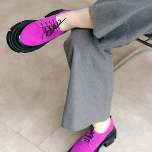 Women’s Leather Platform Shoes, Handmade Oxford Shoes, Color Block Suede Shoes, Office Shoes, Black and Pink Shoe, Tie Shoes, Wide Shoes