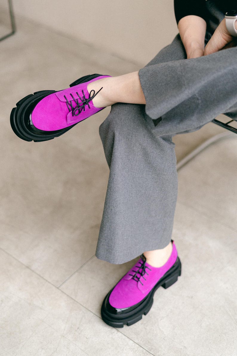 Women’s Leather Platform Shoes, Handmade Oxford Shoes, Color Block Suede Shoes, Office Shoes, Black and Pink Shoe, Tie Shoes, Wide Shoes