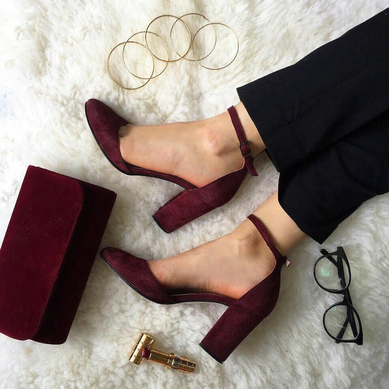 Wedding suede leather shoes, high heel burgundy shoes, fashion closed toe pumps, special occasion women’s shoes, handmade suede shoes
