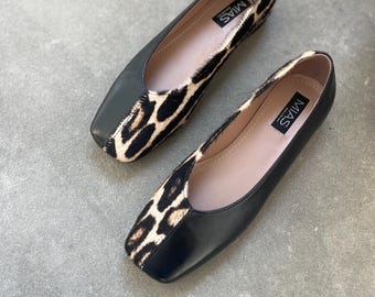 Classic Ballet Flats, Black Leather Shoes for Women, Pony Hair Shoes, Slip On Flat Shoes, Leopard Print Shoes, Pony Fur Square Toe Shoes