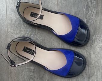 Women's Barefoot Ankle Strap Flats, Mary Janes Shoes, Custom Color Shoes, Chic Blue Suede Summer Shoes, Unique Walking Sandals