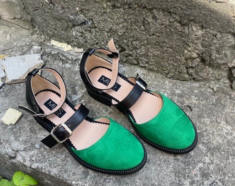 Sandalias de piel verde con tiras en el tobillo para mujer, zapatos planos de verano con bloques de color, zapatos de punta cerrada, zapatos casuales negros, zapatos de tacón bajo con color personalizado